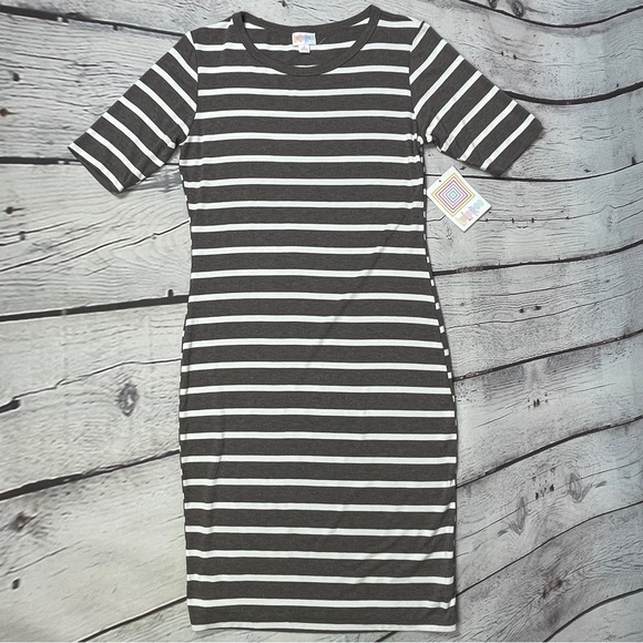 LULAROE Julia brown white striped short sleeve soft lightweight dress NEW size S - Picture 6 of 12